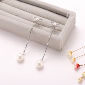 Sterling Silver Needle Bow Earrings Long Pendant Pearl Hypoallergenic Earrings Copper Jewelry Two Ways (Option: default)